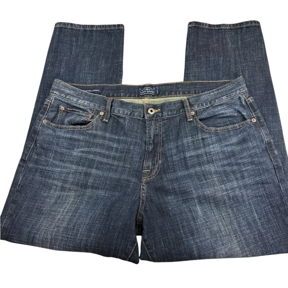 Lucky Brand 221 Original Straight Five Pocket Darkwash Jeans Whiskering 40W 30L